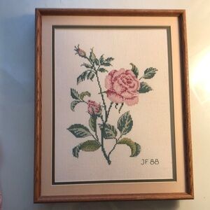 Pair of Cross stitch wood framed/Roses Pink, green, ivory background tan matt,